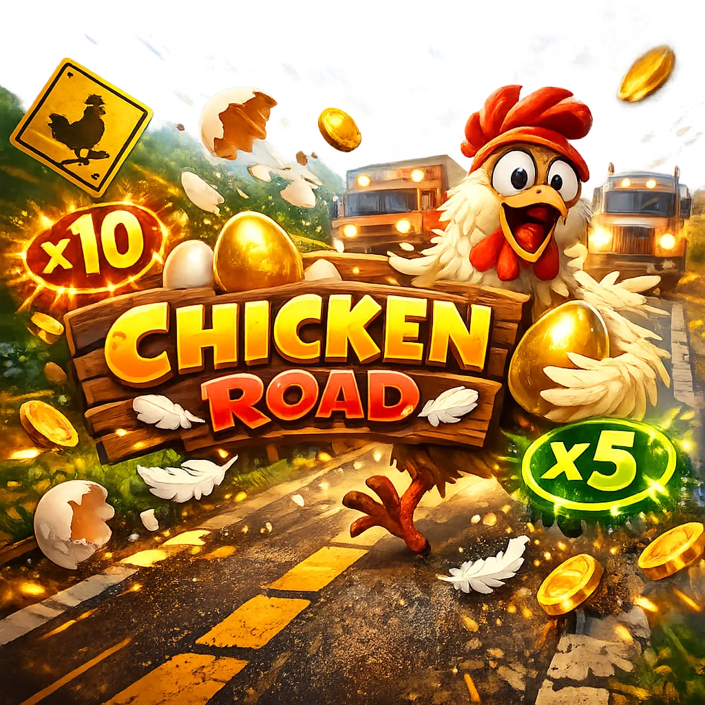 Bright and dynamic promotional image for Chicken Road slot featuring a funny chicken, road lanes, and playful elements.
