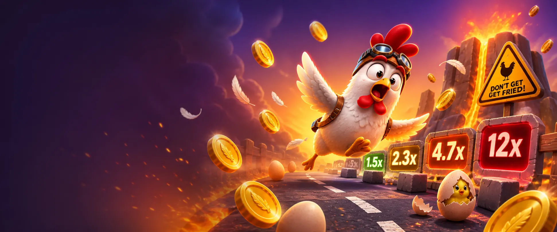 Promotional banner for Chicken Road slot game with colorful arcade style, featuring a chicken, road lanes, coins, and feather